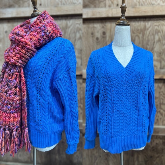 J.Crew Cable Knit V-Neck Sweater XS Sail Blue Cotton Pullover Classic Preppy - Picture 1 of 10